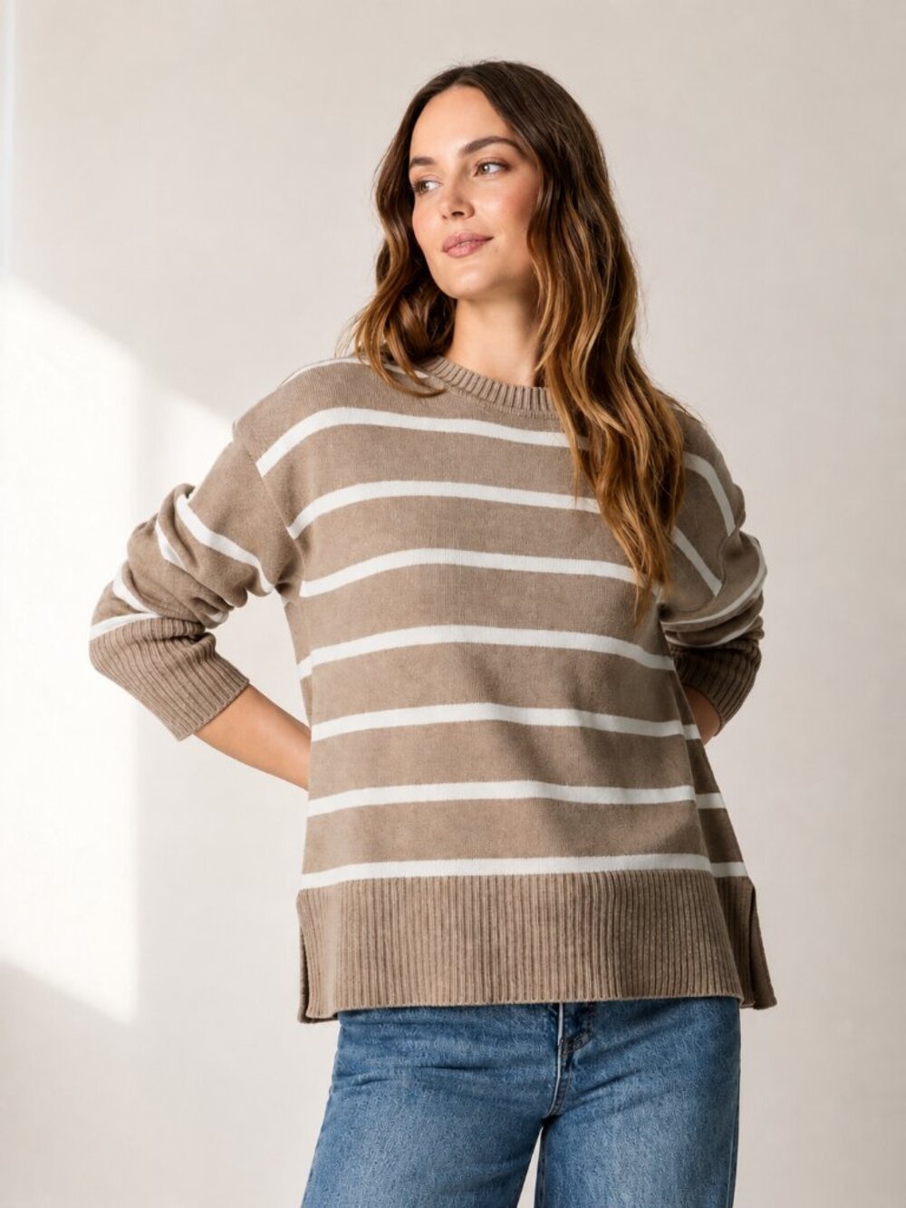 J.Crew Factory Wide Hem Striped Cotton Sweater Size Medium Tan Ivory